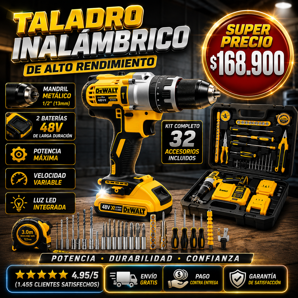 Taladro Inalámbrico 48V DeWalt Con 2 Baterías + Maletín 32 Accesorios Mandril Metálico 1/2'  Luz LED Velocidad Variable Alta Potencia