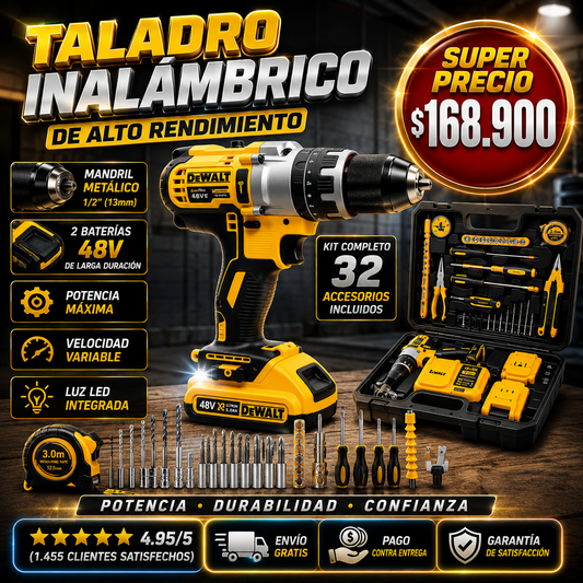 Taladro Inalámbrico 48V DeWalt Con 2 Baterías + Maletín 32 Accesorios Mandril Metálico 1/2'  Luz LED Velocidad Variable Alta Potencia