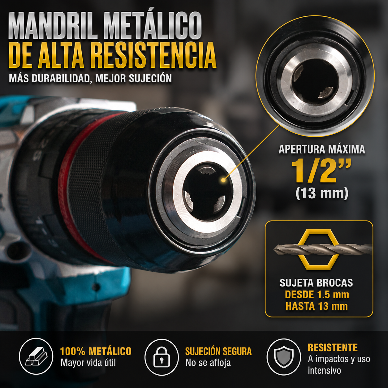 KIT DE TALADRO PERCUTOR Y DESTORNILLADOR INALAMBRICO MANDRIL PUNTA DE ACERO DE 1/2"