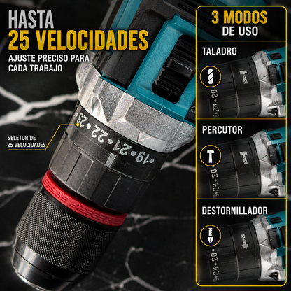 KIT DE TALADRO PERCUTOR Y DESTORNILLADOR INALAMBRICO MANDRIL PUNTA DE ACERO DE 1/2"